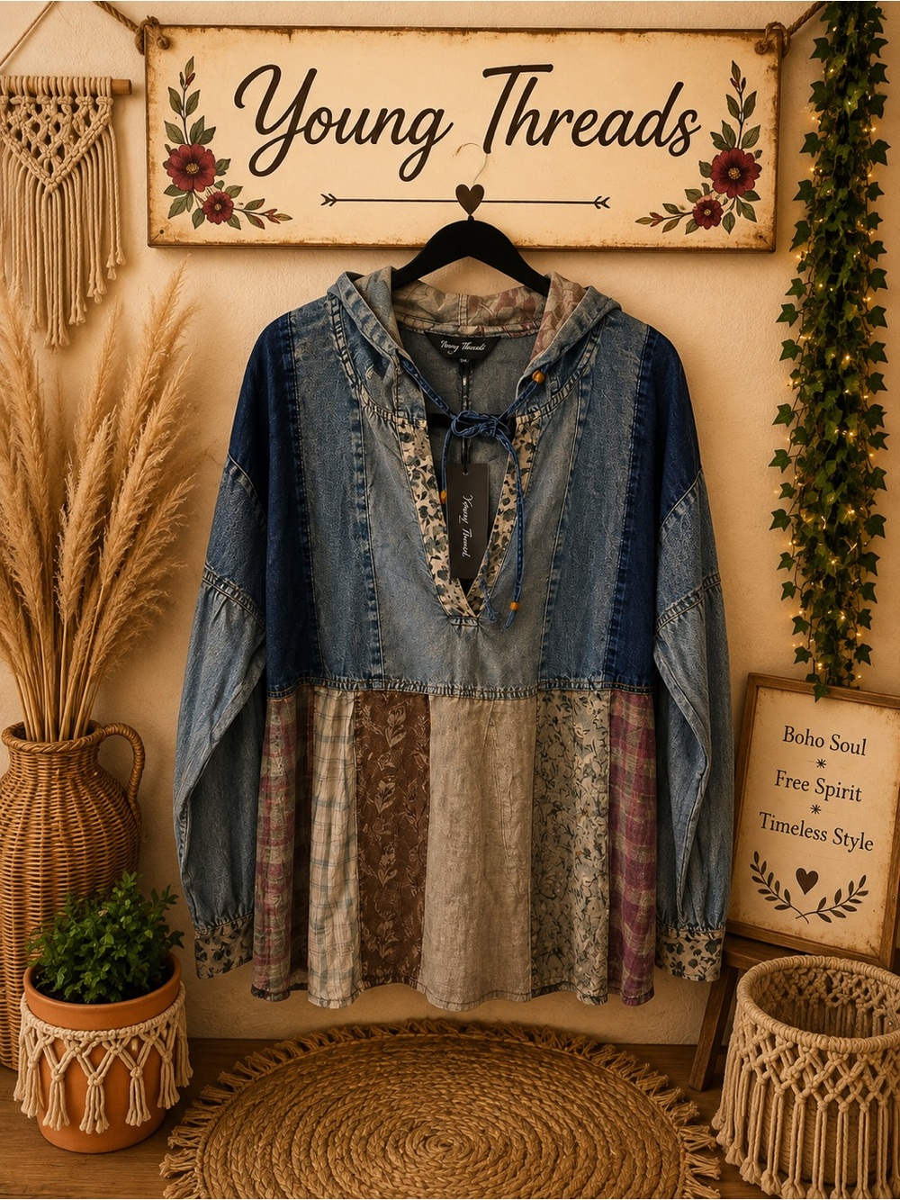 Young Threads Blue Patchwork Denim Hoodie